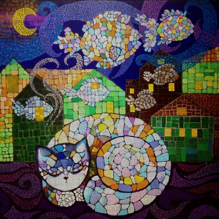 Needlepoint canvas "Cat's night Fish Dreams" by Irina Seliutina