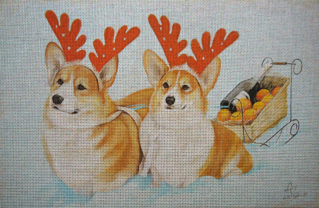 Needlepoint canvas 'Christmas Corgis dogs'