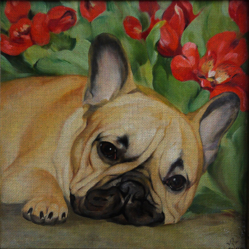 Needlepoint canvas 'French Buldog with Red flowers'
